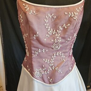Vintage Y2K Wedding Dress Corset Blush Satin Embroidered Ivory A-Line Train NWOT
